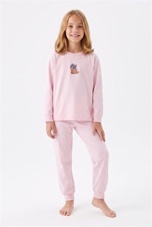 Kız Çocuk Göz Bantlı Uykucu Kedi Baskılı %100 Pamuk Süprem Kumaş Düz Uzun Kollu Pijama Takımı
