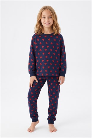 Kız Çocuk Kalp Baskılı %100 Pamuk Süprem Kumaş Reaktif Boyama Uzun Kollu Pijama Takımı