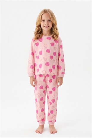 Kız Çocuk Kalp Baskılı %100 Pamuk Süprem Kumaş Reaktif Boyama Uzun Kollu Pijama Takımı
