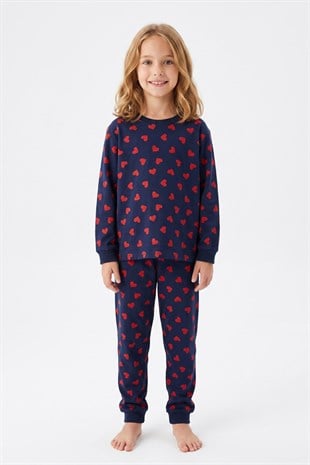 Kız Çocuk Kalp Baskılı %100 Pamuk Süprem Kumaş Reaktif Boyama Uzun Kollu Pijama Takımı