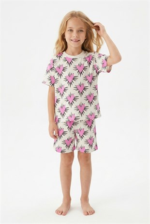 Kız Çocuk Kalp Desenli %100 Pamuk Reaktif Boyama Süprem Kumaş Kısa Kollu Şortlu Pijama Takımı