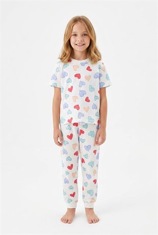 Kız Çocuk Kalp Desenli %100 Pamuk Süprem Penye Kumaş Kısa Kollu Pijama Takımı