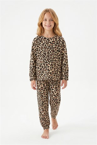 Kız Çocuk Leopar Desenli %100 Pamuk Reaktif Boyalı Süprem Kumaş Uzun Kollu Pijama Takımı