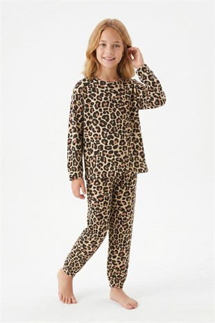 Kız Çocuk Leopar Desenli %100 Pamuk Reaktif Boyalı Süprem Kumaş Uzun Kollu Pijama Takımı