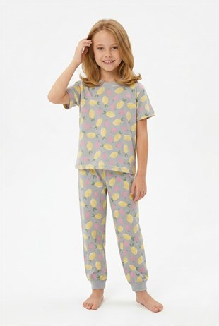 Kız Çocuk Limon Desenli %100 Pamuk Reaktif Boyama Süprem Kumaş Kısa Kollu Pijama Takımı