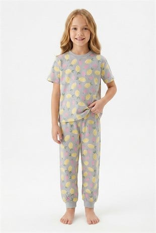 Kız Çocuk Limon Desenli %100 Pamuk Reaktif Boyama Süprem Kumaş Kısa Kollu Pijama Takımı