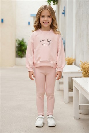 Kız Çocuk Lovin Life Soft Baskılı %100 Pamuk İki İplik Sweatshirt Ve Fitilli Tayt Takım