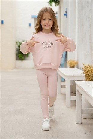 Kız Çocuk Lovin Life Soft Baskılı %100 Pamuk İki İplik Sweatshirt Ve Fitilli Tayt Takım