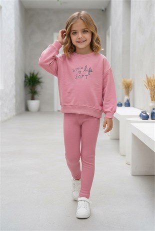 Kız Çocuk Lovin Life Soft Baskılı %100 Pamuk İki İplik Sweatshirt Ve Fitilli Tayt Takım