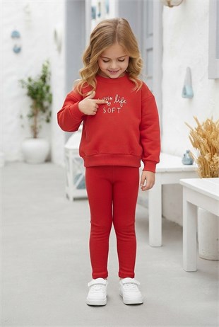 Kız Çocuk Lovin Life Soft Baskılı %100 Pamuk İki İplik Sweatshirt Ve Fitilli Tayt Takım