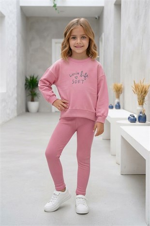 Kız Çocuk Lovin Life Soft Baskılı %100 Pamuk İki İplik Sweatshirt Ve Fitilli Tayt Takım