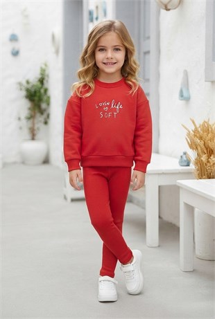 Kız Çocuk Lovin Life Soft Baskılı %100 Pamuk İki İplik Sweatshirt Ve Fitilli Tayt Takım