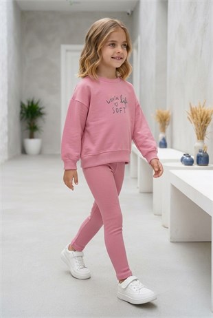 Kız Çocuk Lovin Life Soft Baskılı %100 Pamuk İki İplik Sweatshirt Ve Fitilli Tayt Takım