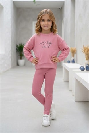 Kız Çocuk Lovin Life Soft Baskılı %100 Pamuk İki İplik Sweatshirt Ve Fitilli Tayt Takım