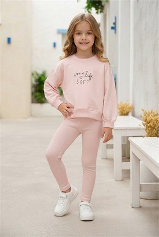 Kız Çocuk Lovin Life Soft Baskılı %100 Pamuk İki İplik Sweatshirt Ve Fitilli Tayt Takım