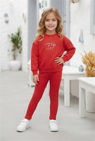 Kız Çocuk Lovin Life Soft Baskılı %100 Pamuk İki İplik Sweatshirt Ve Fitilli Tayt Takım