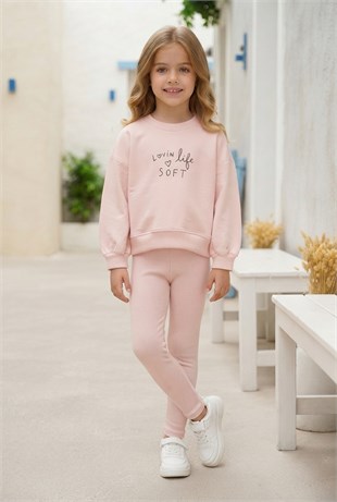 Kız Çocuk Lovin Life Soft Baskılı %100 Pamuk İki İplik Sweatshirt Ve Fitilli Tayt Takım