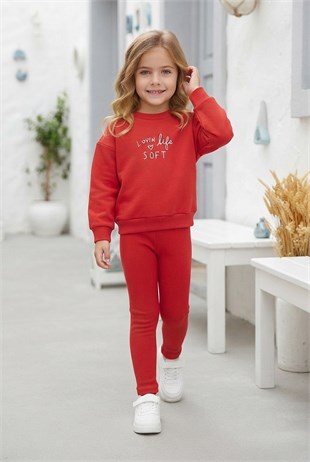 Kız Çocuk Lovin Life Soft Baskılı %100 Pamuk İki İplik Sweatshirt Ve Fitilli Tayt Takım