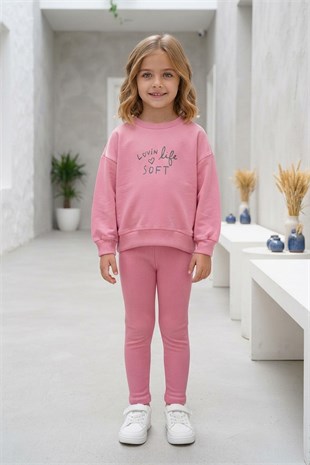Kız Çocuk Lovin Life Soft Baskılı %100 Pamuk İki İplik Sweatshirt Ve Fitilli Tayt Takım