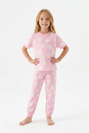 Kız Çocuk Papatya Desenli %100 Pamuk Süprem Penye Kumaş Kısa Kollu Pijama Takımı