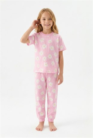 Kız Çocuk Papatya Desenli %100 Pamuk Süprem Penye Kumaş Kısa Kollu Pijama Takımı