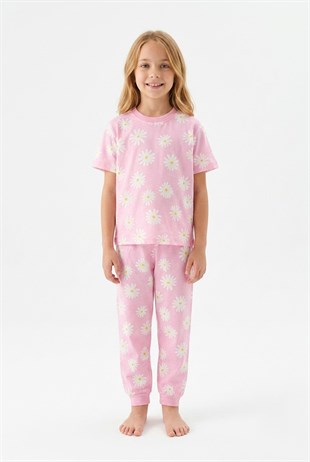 Kız Çocuk Papatya Desenli %100 Pamuk Süprem Penye Kumaş Kısa Kollu Pijama Takımı