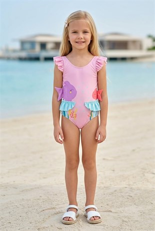 Kız Çocuk Polyester + Elastan Balık Desenli Omuzları Fırfırlı ve Belden Yan Yüzgeç Detaylı Şık Tasarım Mayo