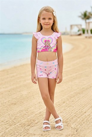 Kız Çocuk Polyester + Elastan Baskılı Fırfırlı Crop Üst ve Boxer Şortlu Mayo