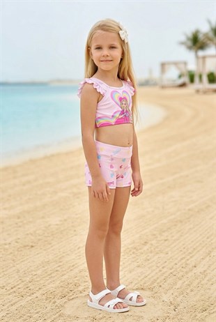 Kız Çocuk Polyester + Elastan Baskılı Fırfırlı Crop Üst ve Boxer Şortlu Mayo