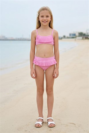 Kız Çocuk Polyester + Elastan Fırfırlı ve Pileli Şık Tasarım İkili Mayo
