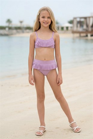 Kız Çocuk Polyester + Elastan Fırfırlı ve Pileli Şık Tasarım İkili Mayo