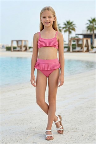 Kız Çocuk Polyester + Elastan Fırfırlı ve Pileli Şık Tasarım İkili Mayo