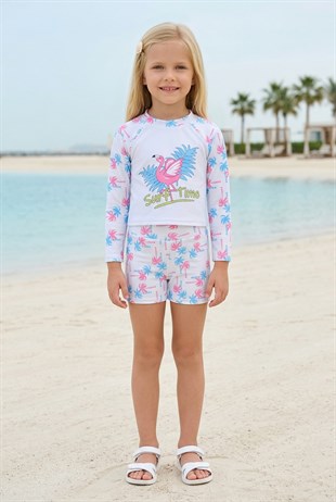 Kız Çocuk Polyester + Elastan Flamingo Baskılı Uzun Kollu Şortlu Şık Tasarım İkili Mayo