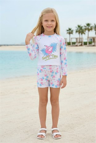Kız Çocuk Polyester + Elastan Flamingo Baskılı Uzun Kollu Şortlu Şık Tasarım İkili Mayo