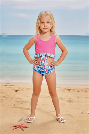 Kız Çocuk Polyester + Elastan Göğsü Fırfırlı ve Düğüm Detaylı Altı Renkli Tie Dye Desenli İki Parça Bikini Mayo