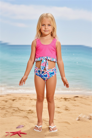 Kız Çocuk Polyester + Elastan Göğsü Fırfırlı ve Düğüm Detaylı Altı Renkli Tie Dye Desenli İki Parça Bikini Mayo