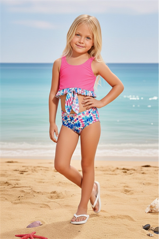 Kız Çocuk Polyester + Elastan Göğsü Fırfırlı ve Düğüm Detaylı Altı Renkli Tie Dye Desenli İki Parça Bikini Mayo
