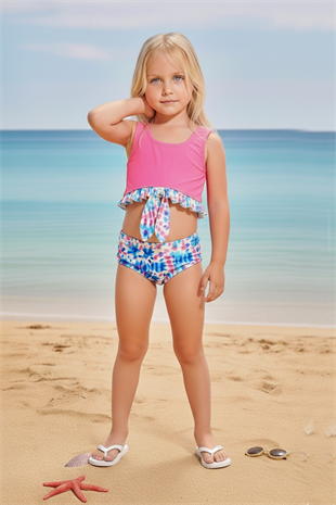 Kız Çocuk Polyester + Elastan Göğsü Fırfırlı ve Düğüm Detaylı Altı Renkli Tie Dye Desenli İki Parça Bikini Mayo