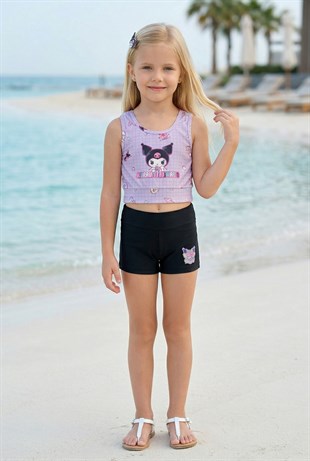 Kız Çocuk Polyester + Elastan Karakter Baskılı Büstiyer ve Boxer Şort İkili Mayo