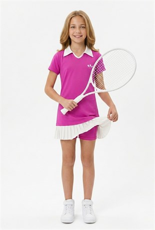 Kız Çocuk Polyester + Elastan Polo Yaka Etek Ucu Pileli Şortlu Sporcu Takım