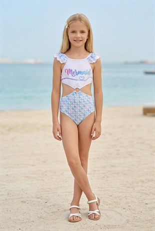 Kız Çocuk Polyester + Elastan Pullu Desenli Fırfırlı Belden Pencereli Halka Detaylı Şık Tasarım Mayo