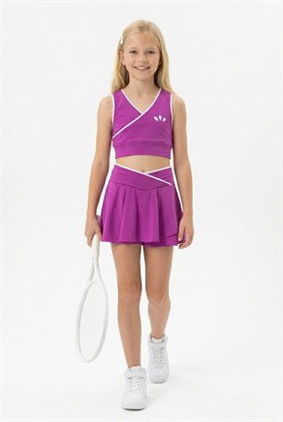 Kız Çocuk Polyester + Elastan V Yaka Kruvaze Spor Crop Pileli Şort Etek Sporcu Takım
