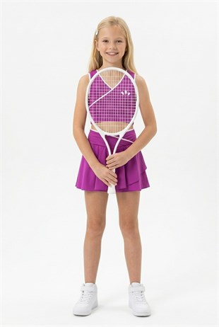 Kız Çocuk Polyester + Elastan V Yaka Kruvaze Spor Crop Pileli Şort Etek Sporcu Takım