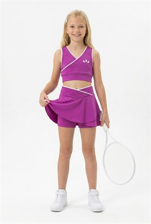 Kız Çocuk Polyester + Elastan V Yaka Kruvaze Spor Crop Pileli Şort Etek Sporcu Takım