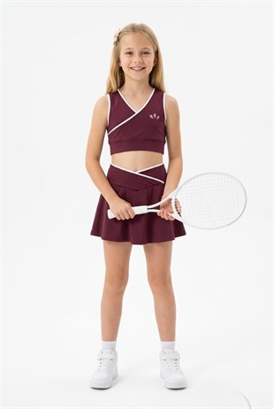 Kız Çocuk Polyester + Elastan V Yaka Kruvaze Spor Crop Pileli Şort Etek Sporcu Takım