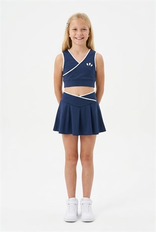 Kız Çocuk Polyester + Elastan V Yaka Kruvaze Spor Crop Pileli Şort Etek Sporcu Takım
