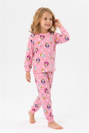 Kız Çocuk Puantiyeli ve Karakter Baskılı %100 Pamuk Süprem Kumaş Reaktif Boyama Uzun Kollu Pijama Takımı