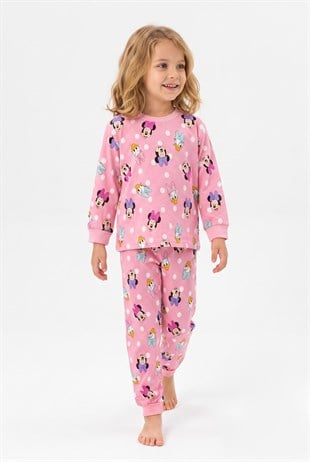 Kız Çocuk Puantiyeli ve Karakter Baskılı %100 Pamuk Süprem Kumaş Reaktif Boyama Uzun Kollu Pijama Takımı