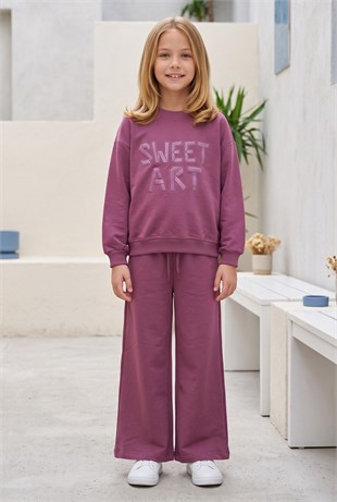 Kız Çocuk Sweet Art Yazı Baskılı Baskılı %100 Pamuk İki İplik Kumaş Cepli Bol Paça Pantolonlu Takım