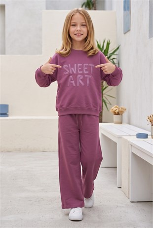Kız Çocuk Sweet Art Yazı Baskılı Baskılı %100 Pamuk İki İplik Kumaş Cepli Bol Paça Pantolonlu Takım